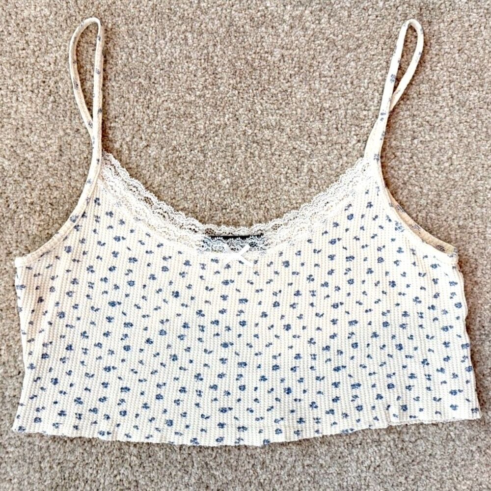 Brandy Melville Cropped Cami Tank Top Small OS Blue Floral Lace Coquette Y2K